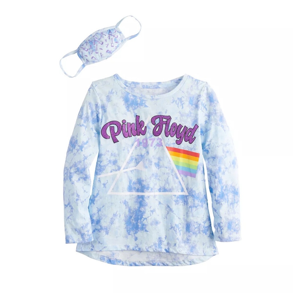 Girls Blue Tie Dye Pink Floyd Graphic Tee with Matching Face Mask Size XL 14-16